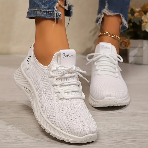 White Knit 'Fashion' Sneakers - Lightweight & Breathable Casual Shoes EU 38/ 7.5 - Picture 7 of 8